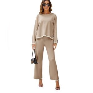 Kyaki Cream Sweater Pant Set Classy 2 Piece Lounger Wide Leg Comfort Waist